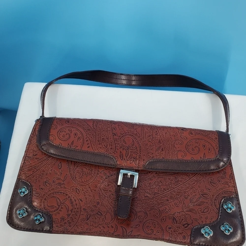 MC brown leather scrollwork embossed shoulder bag - Picture 10 of 16